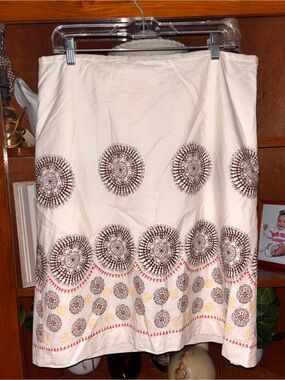 LOFT Cream Pencil Skirt with Brown Medallion Print and Yellow & Coral Accents